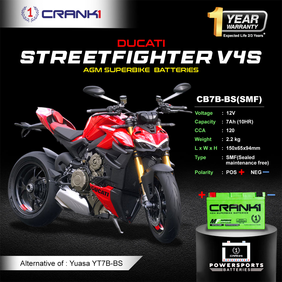 Battery For Ducati Streetfighter V4S - CB7B-BS - Factory Activated