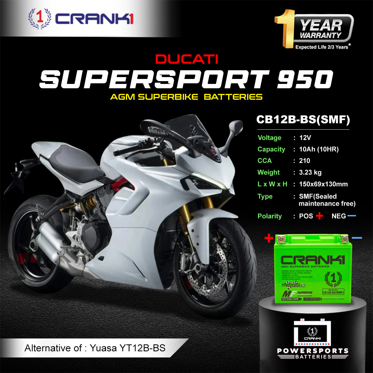 Battery For Ducati SuperSport 950 (2017-2020) - CB12B-BS - Factory Activated