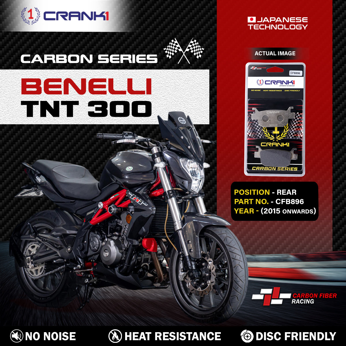 Carbon Brake Pads For Benelli TNT 300 (2015 Onwards) - Rear - CFB896