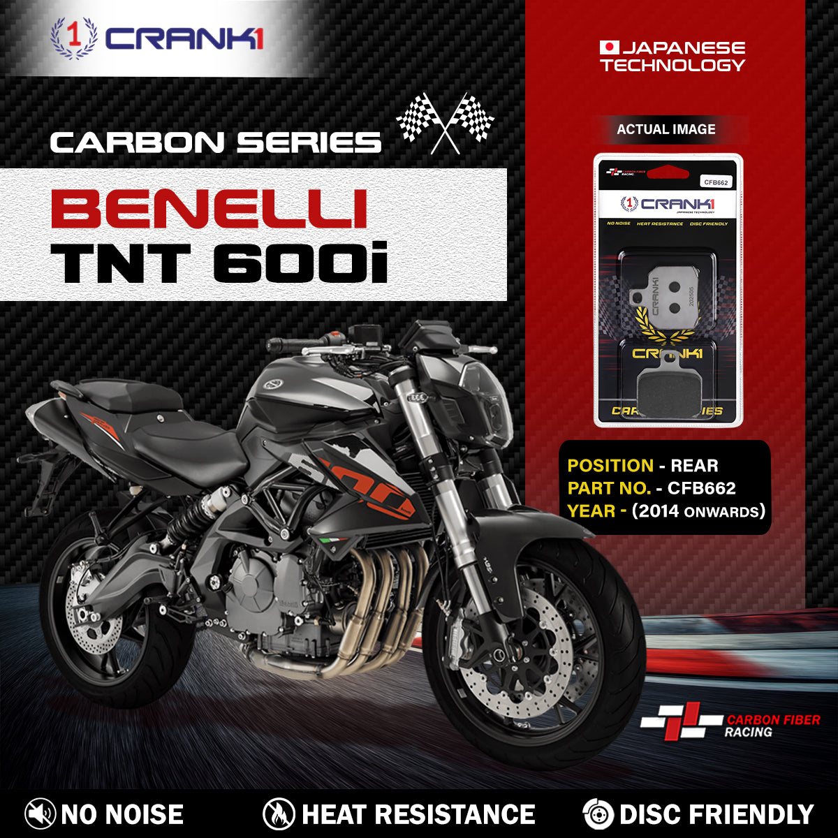 Carbon Brake Pads For Benelli TNT 600i (2014 Onwards) - Rear - CFB662