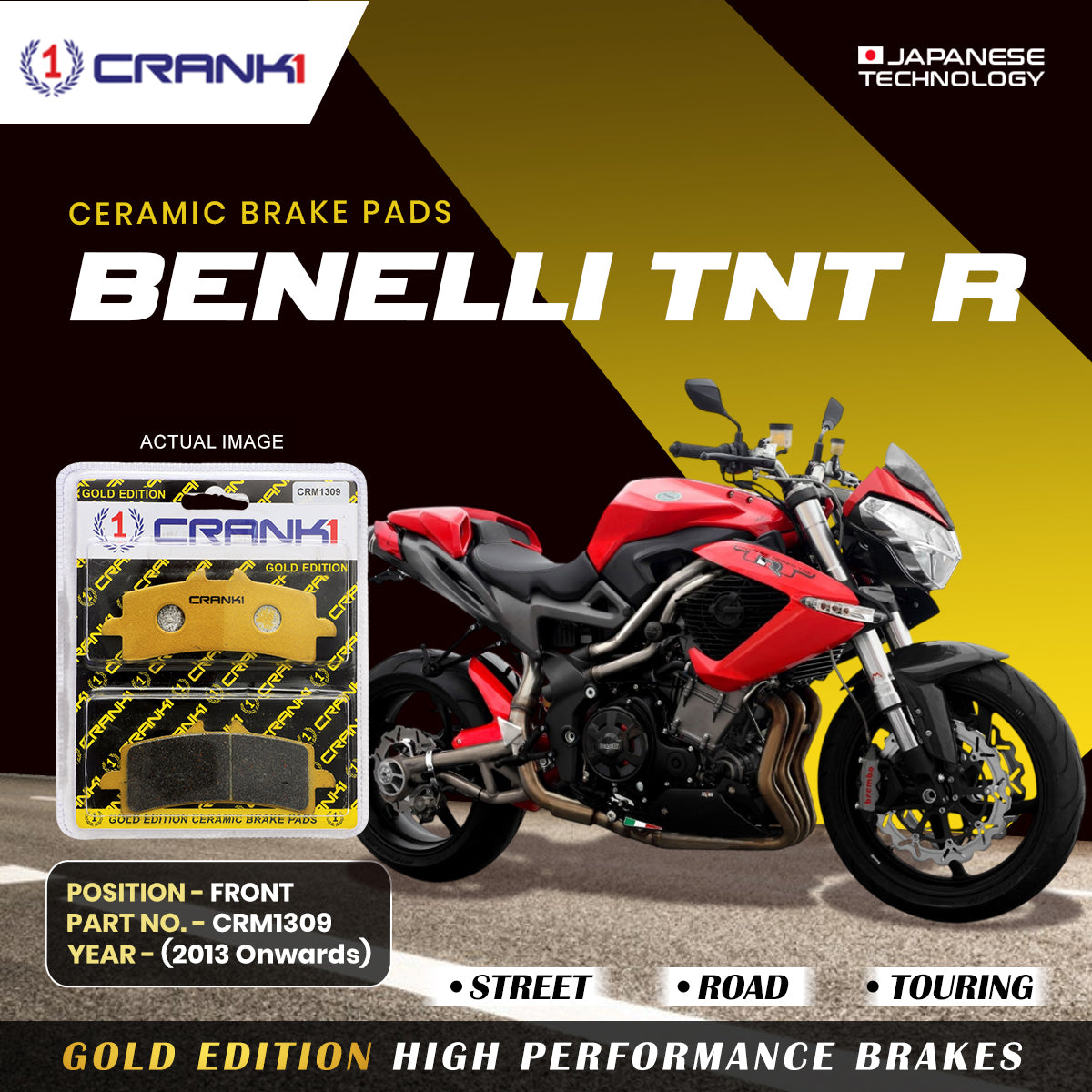 Ceramic Brake Pads For  Benelli TNT R (2013 Onwards) - Front - CRM1309 - 2 Sets | Smooth Braking | Heat Resistant | Long Life | Disc Friendly