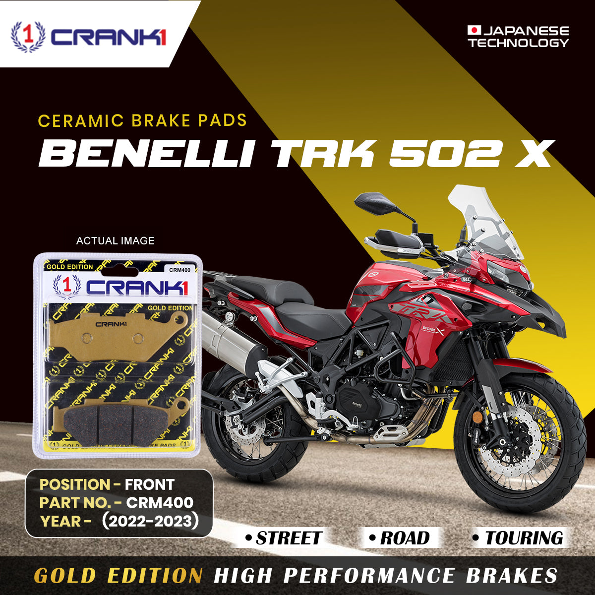 Ceramic Brake Pads For Benelli TRK 502 X (2022-2023) - Front - CRM400 - 2 Sets | Smooth Braking | Heat Resistant | Long Life | Disc Friendly