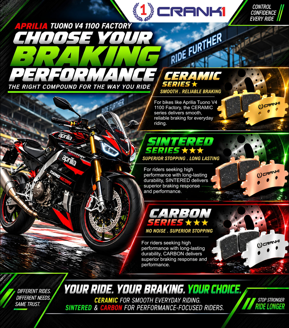 Ceramic Brake Pads For  Aprilia Tuono V4 1100 Factory	 (2017-2020) - Front - CRM0709 - 2 Sets | Smooth Braking | Heat Resistant | Long Life | Disc Friendly