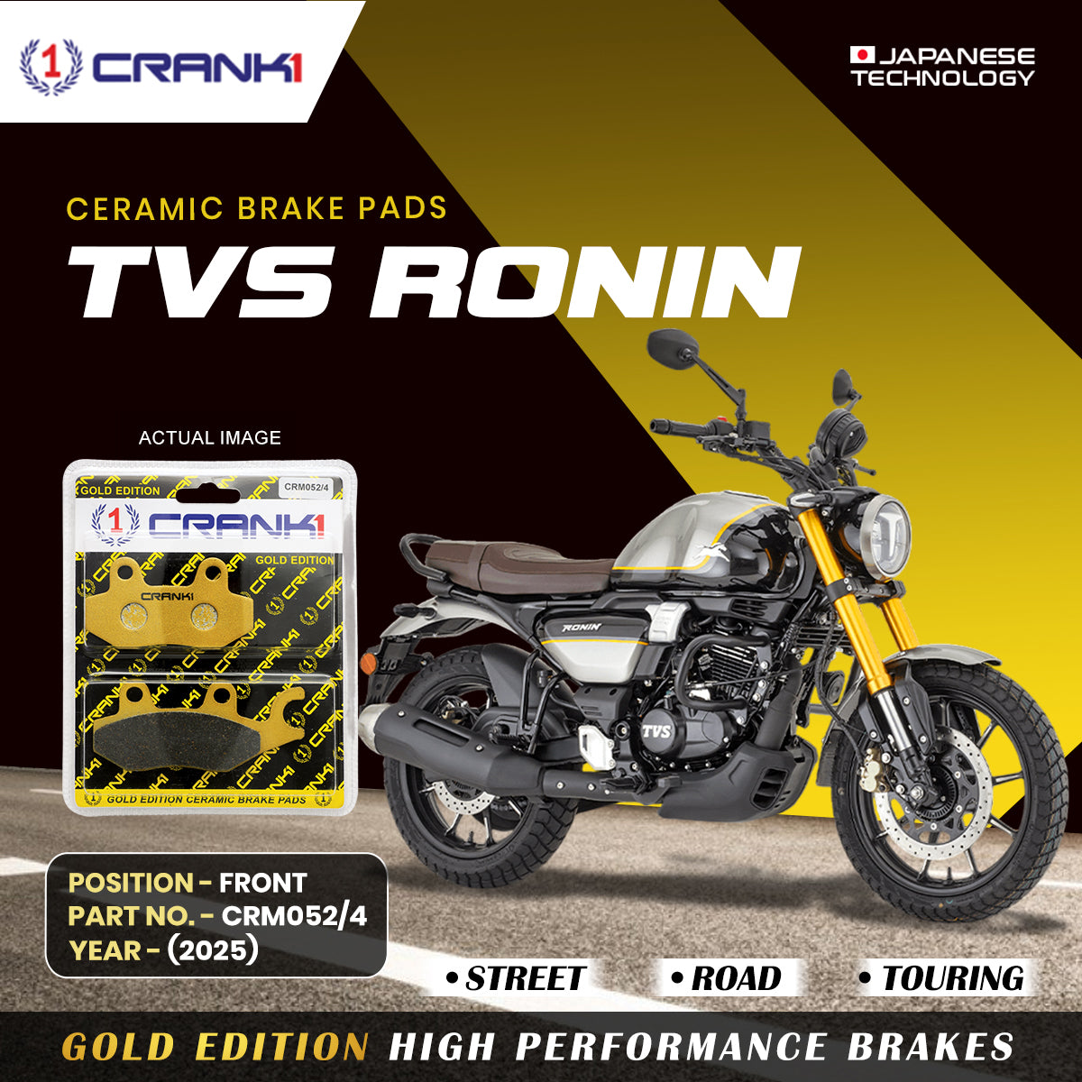 Ceramic Brake Pads For TVS Ronin (2025) - Front - CRM052/4 - 1 Set