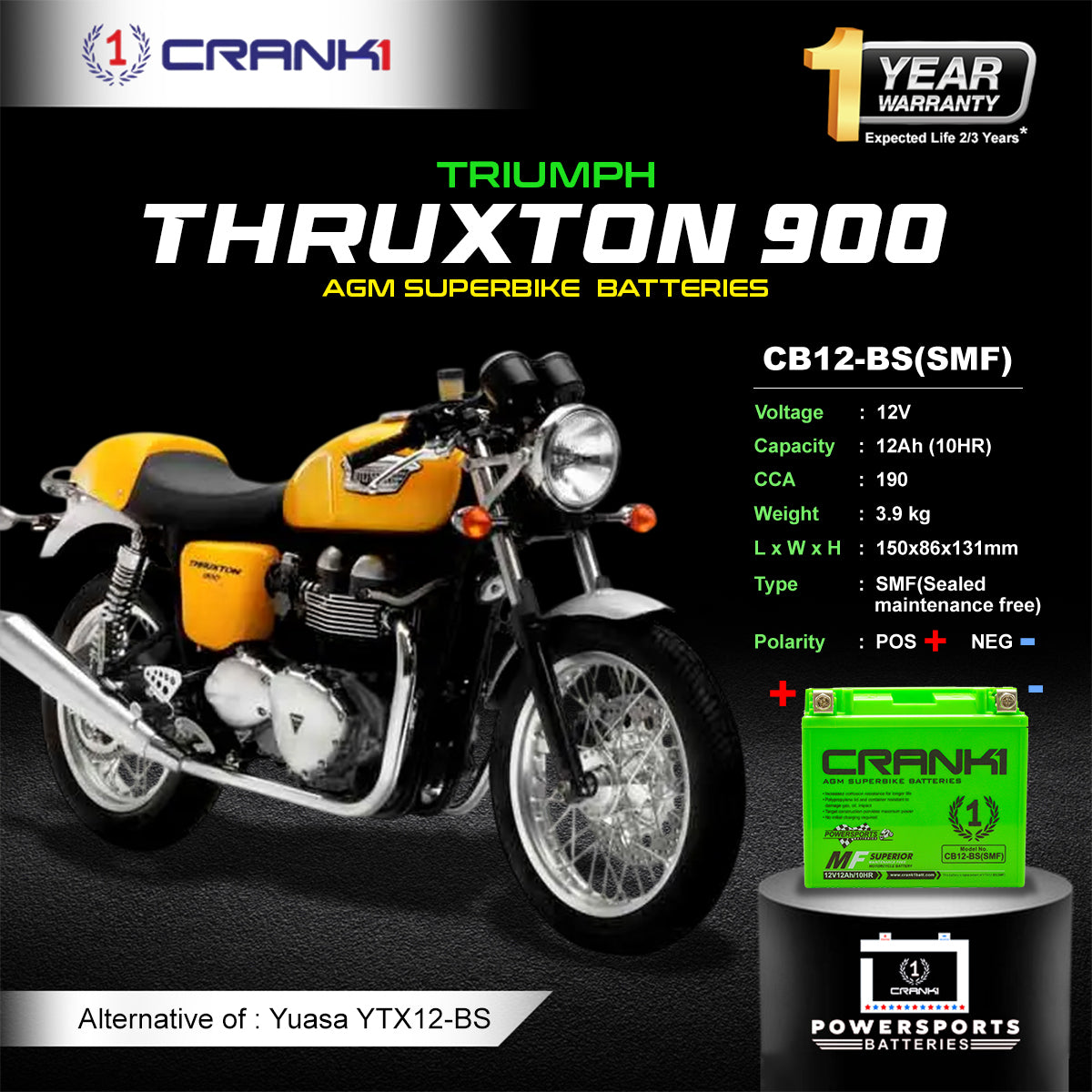 Battery For Triumph Thruxton 900 (2003-2025) - CB12-BS - Factory Activated