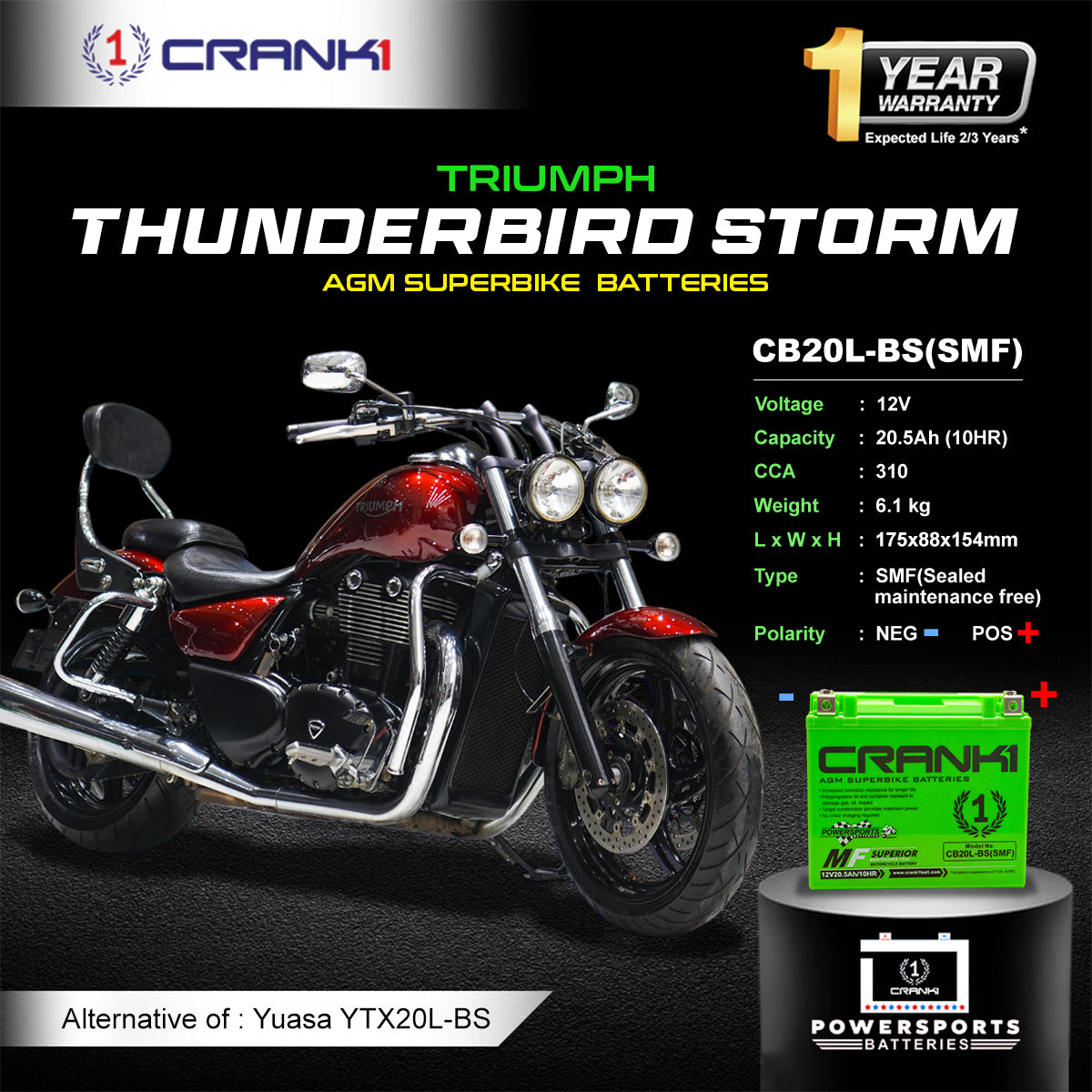 Battery For Triumph Thunderbird Storm (2009-2018) - CB20L-BS - Factory Activated