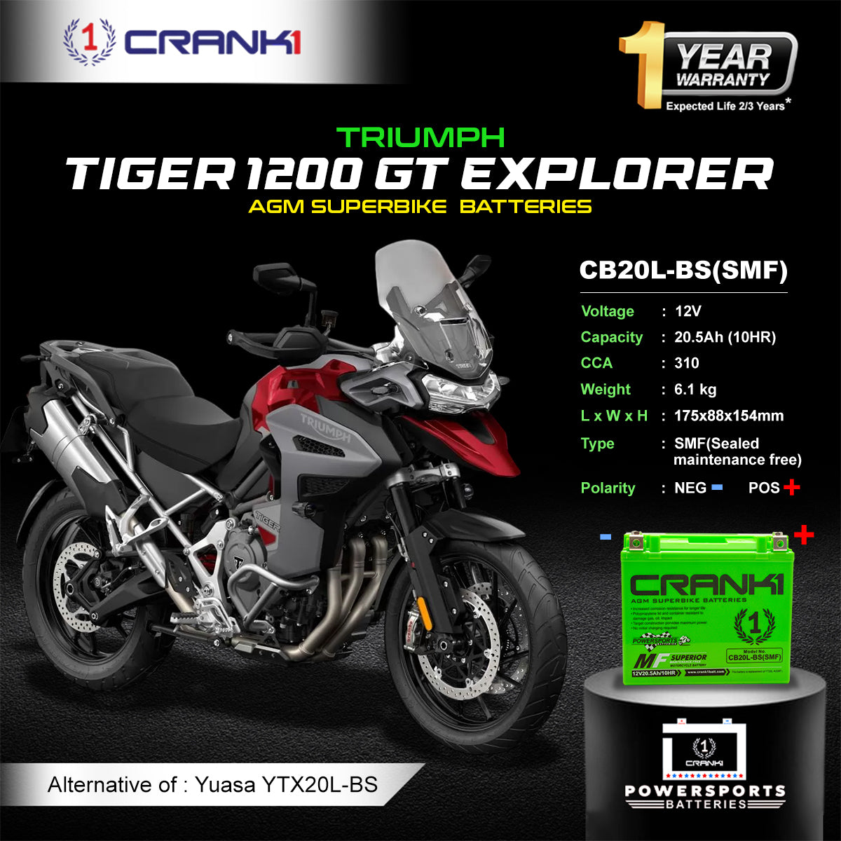 Battery For Triumph Tiger 1200 GT Explorer - CB20L-BS - Factory Activated