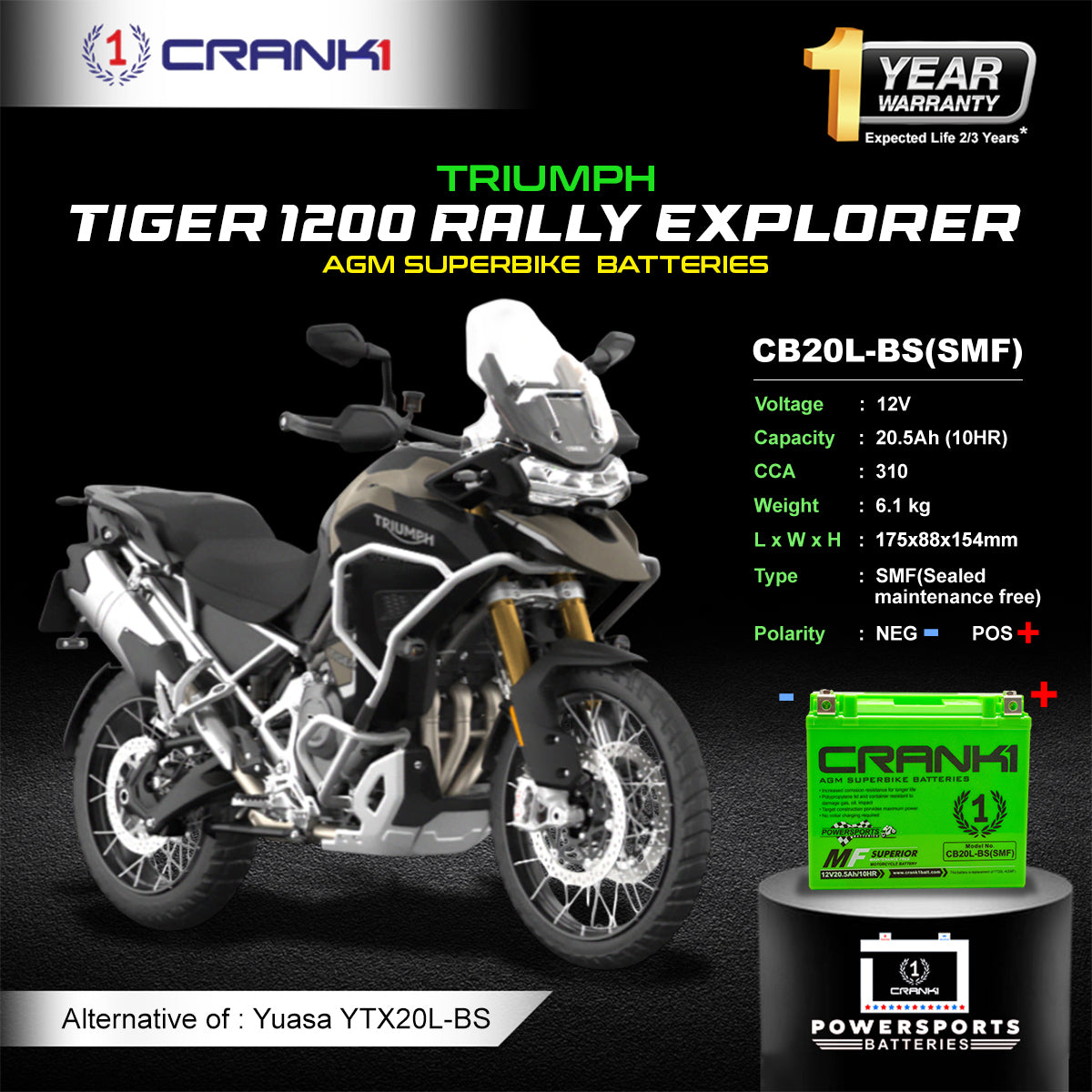 Battery For Triumph Tiger 1200 Rally Explorer - CB20L-BS - Factory Activated