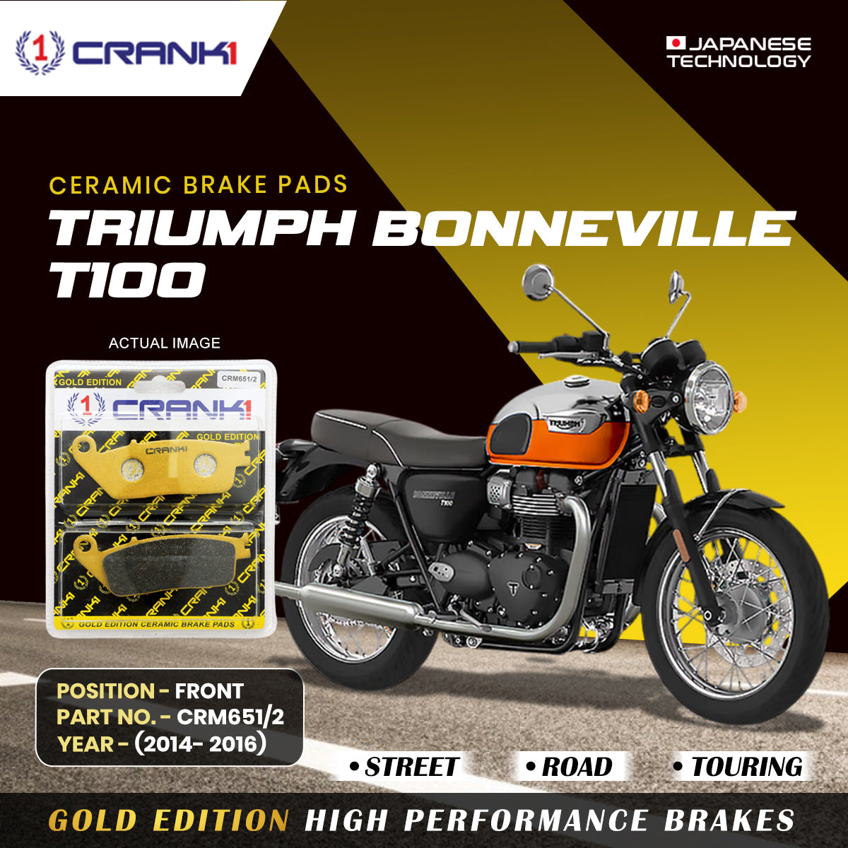 Ceramic Brake Pads For Triumph Bonneville T100 (2014-2016) - Front -  CRM651/2