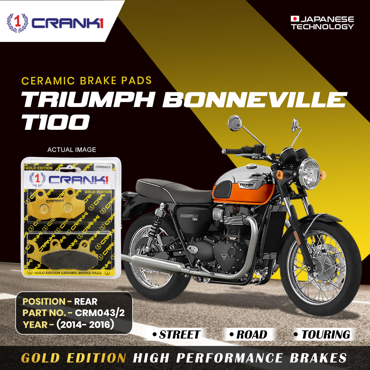 Ceramic Brake Pads For Triumph Bonneville T100 (2014-2016) - Rear - CRM043/2