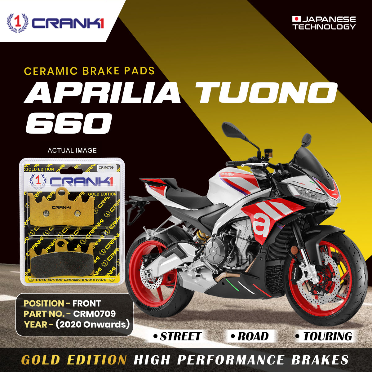Ceramic Brake Pads For  Aprilia Tuono 660 (2020 Onwards) - Front - CRM0709 - 2 Sets | Smooth Braking | Heat Resistant | Long Life | Disc Friendly