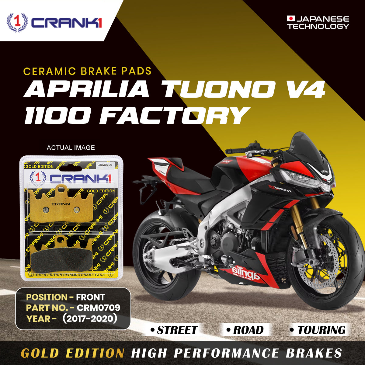 Ceramic Brake Pads For  Aprilia Tuono V4 1100 Factory	 (2017-2020) - Front - CRM0709 - 2 Sets | Smooth Braking | Heat Resistant | Long Life | Disc Friendly