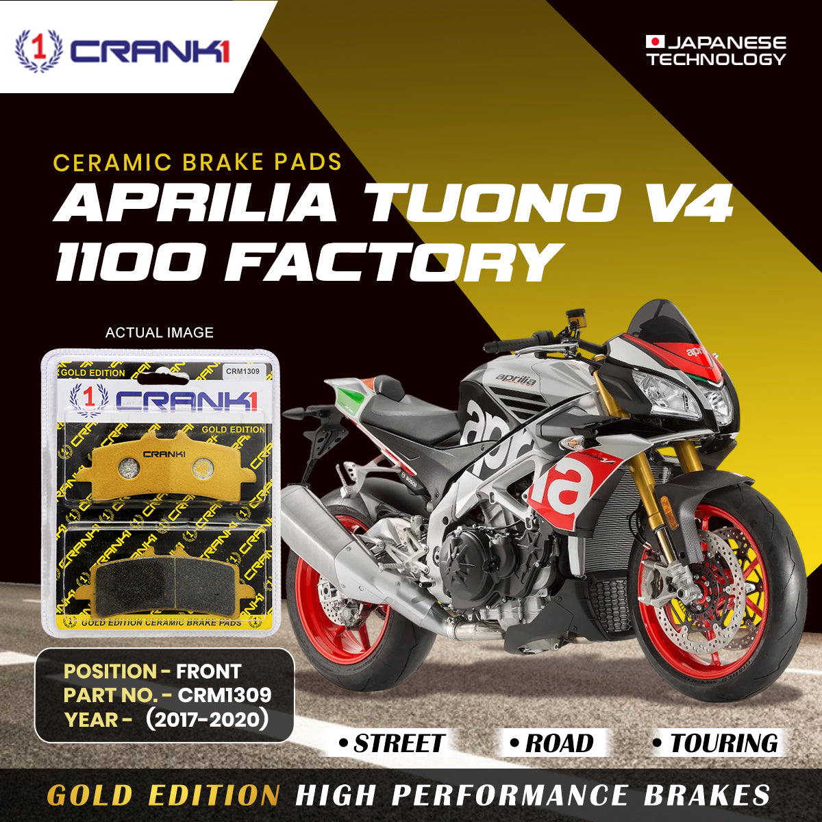 Ceramic Brake Pads For  Aprilia Tuono V4 1100 Factory	 (2017-2020) - Front - CRM1309 - 2 Sets | Smooth Braking | Heat Resistant | Long Life | Disc Friendly