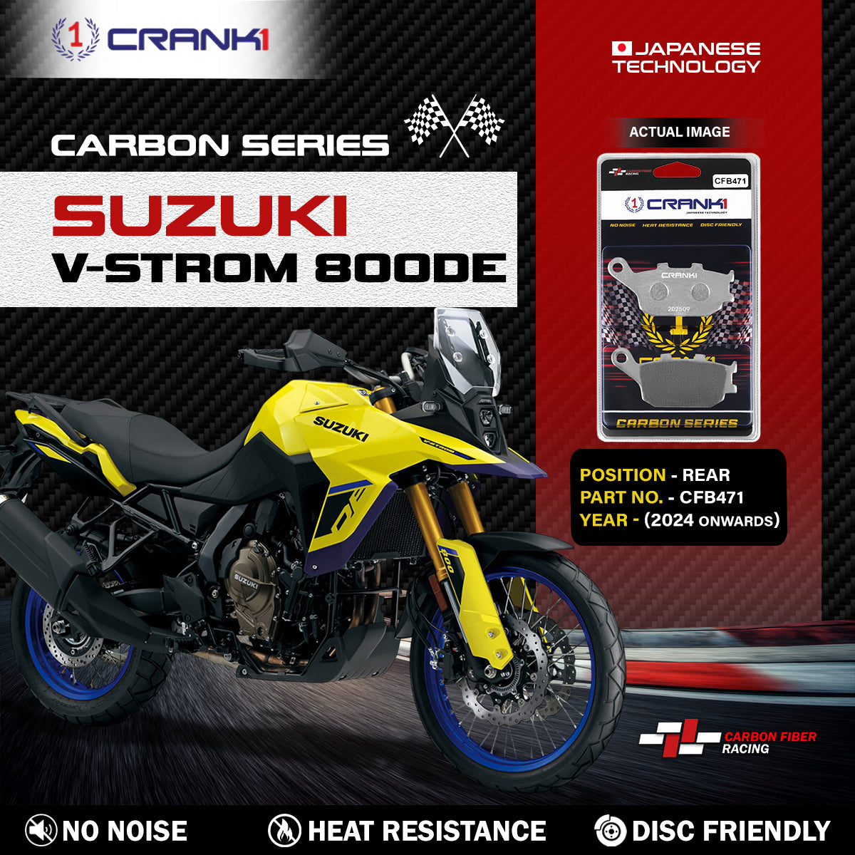 Carbon Brake Pads For Suzuki V-Strom 800DE (2024 Onwards) - Rear - CFB471 - 1 Set | No Noise | High Performance | Superior Stopping Power | Heat Resistant | Long Life