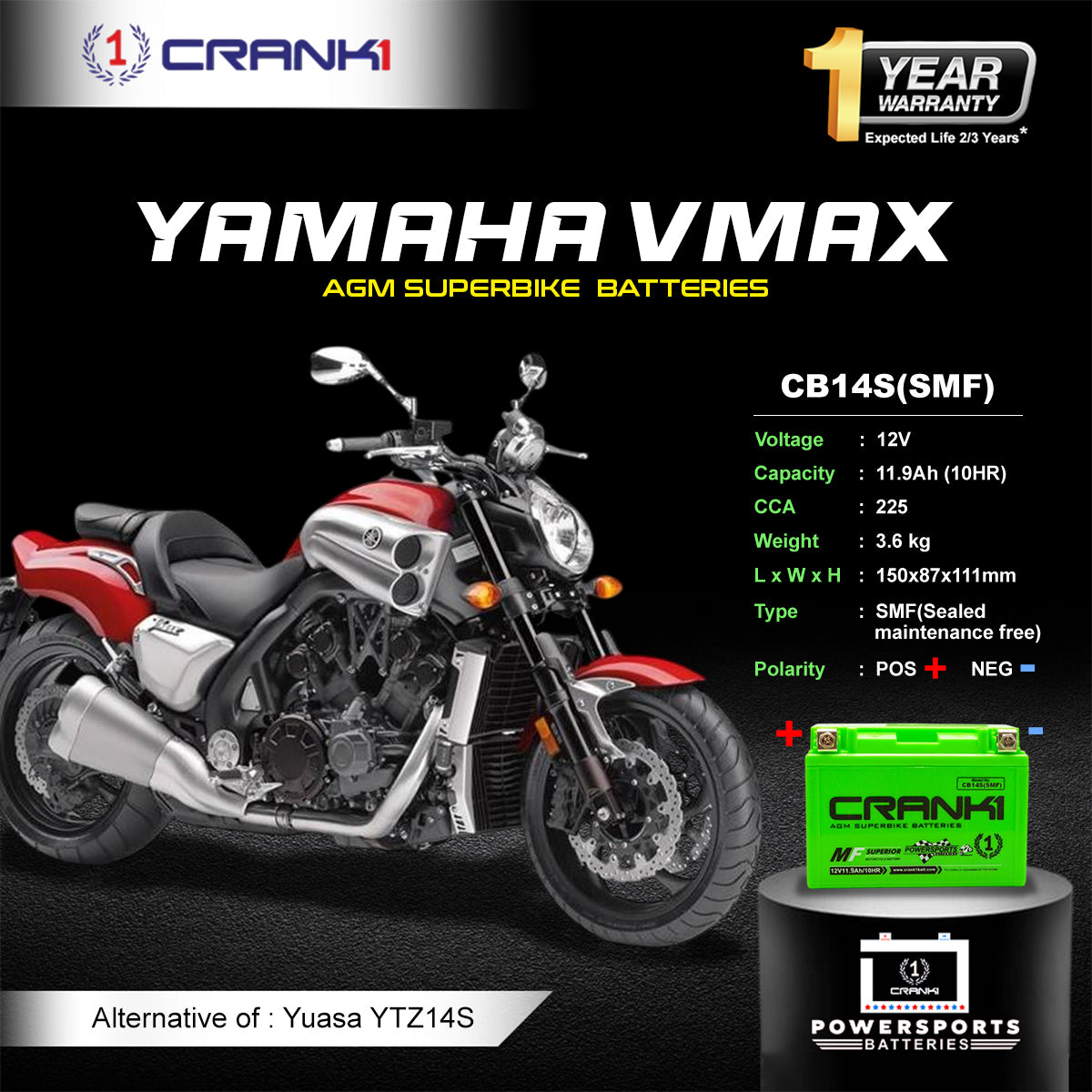 Battery For Yamaha VMAX (2009-2020) - CB14S - Factory Activated