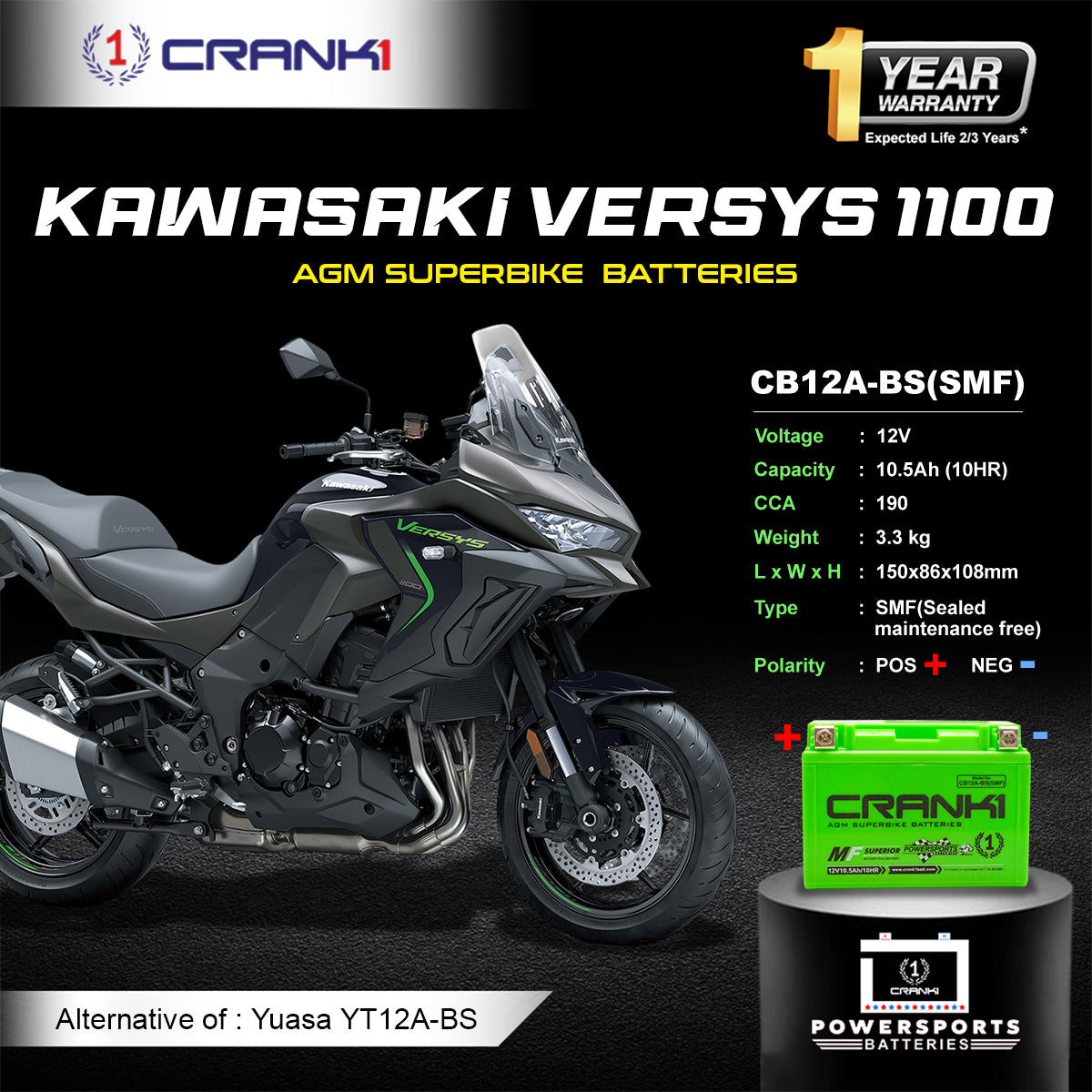 Battery For Kawasaki Versys 1100 (2024 Onwards) - CB12A-BS - Factory Activated