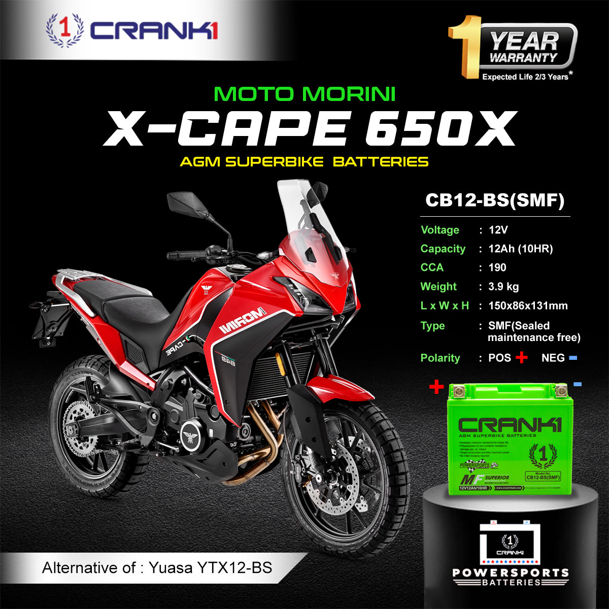 Battery For Moto Morini X-Cape 650X - CB12-BS - Factory Activated