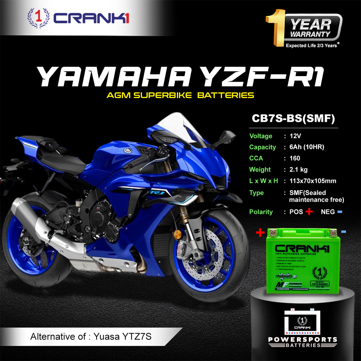 Battery For Yamaha YZF-R1 (2019 Onwards) - CB7S-BS - Factory Activated