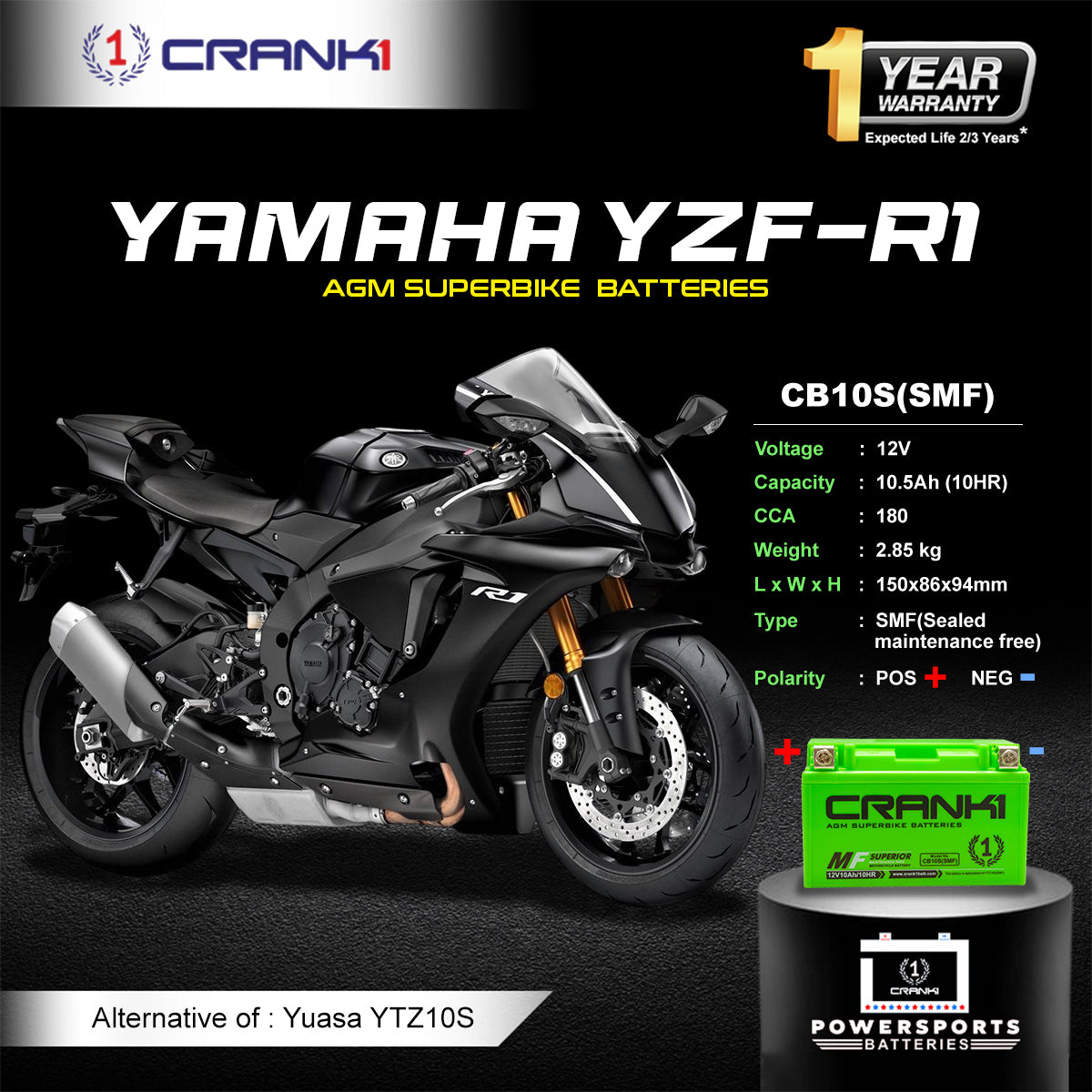 Battery For Yamaha YZF-R1 (2004-2018) - CB10S - Factory Activated