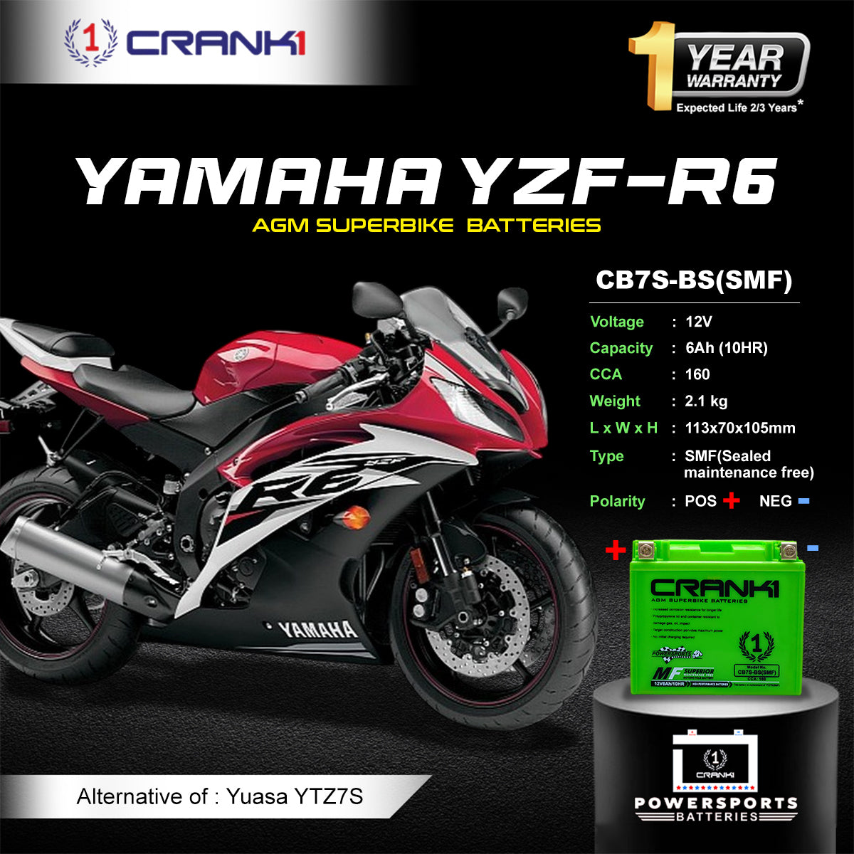 Battery For Yamaha YZF-R6 (2017-2021) - CB7S-BS - Factory Activated