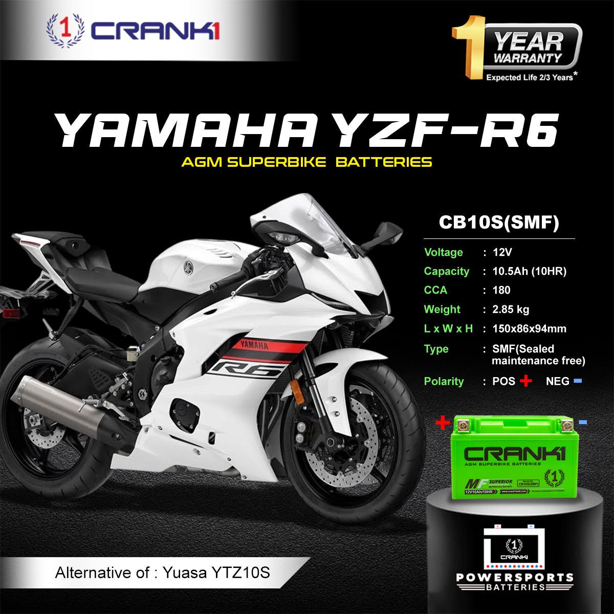 Battery For Yamaha YZF-R6 (2010-2025) - CB10S - Factory Activated