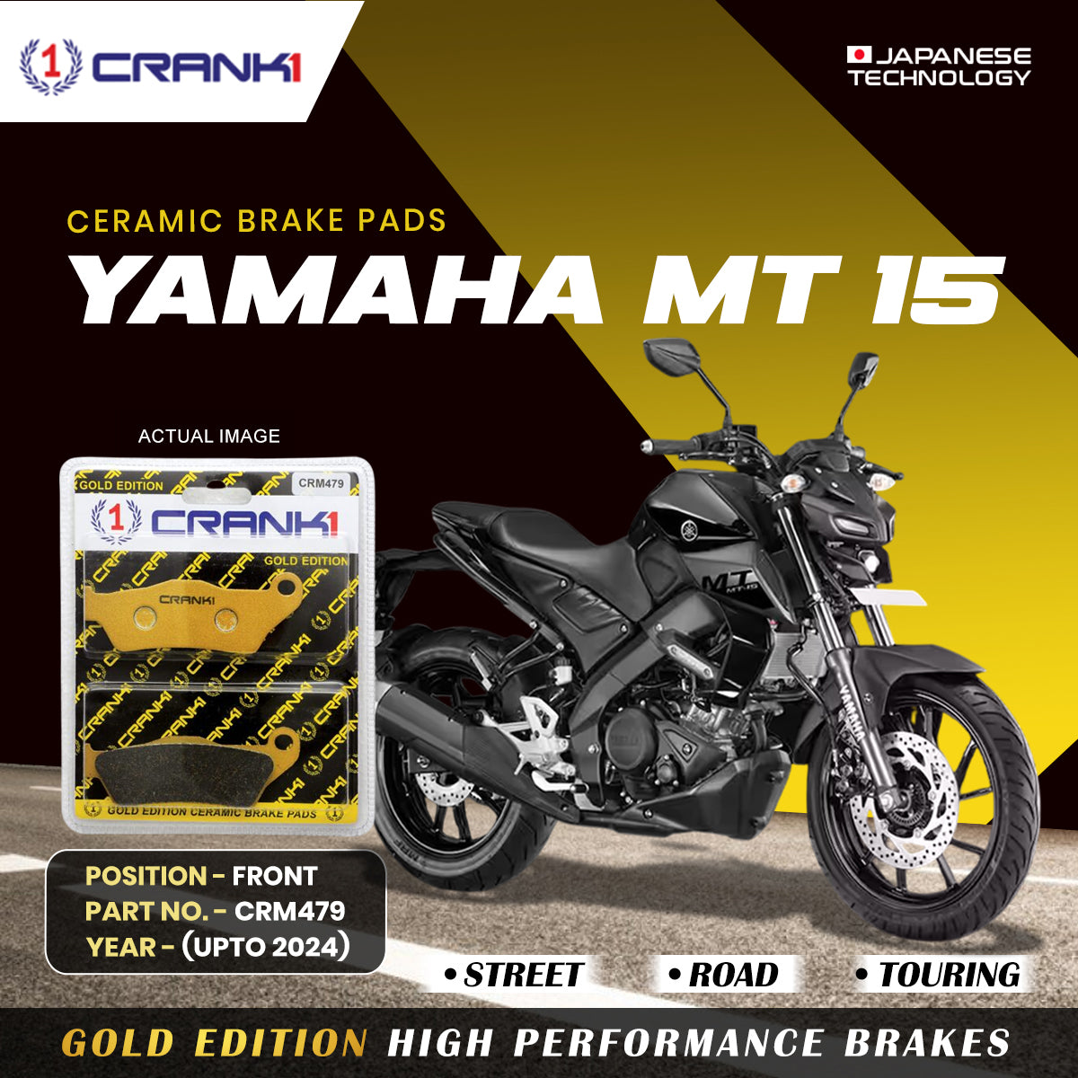 Ceramic Brake Pads For Yamaha MT-15 (Upto 2024) - Front - CRM479 - 1 Set | Smooth Braking | Heat Resistant | Long Life | Disc Friendly