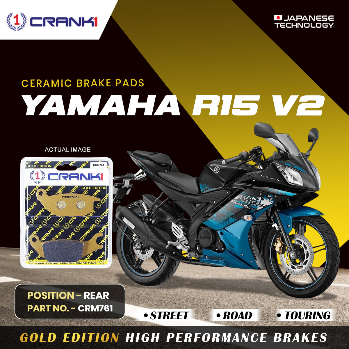 Ceramic Brake Pads For Yamaha R15 V2 - Rear - CRM761