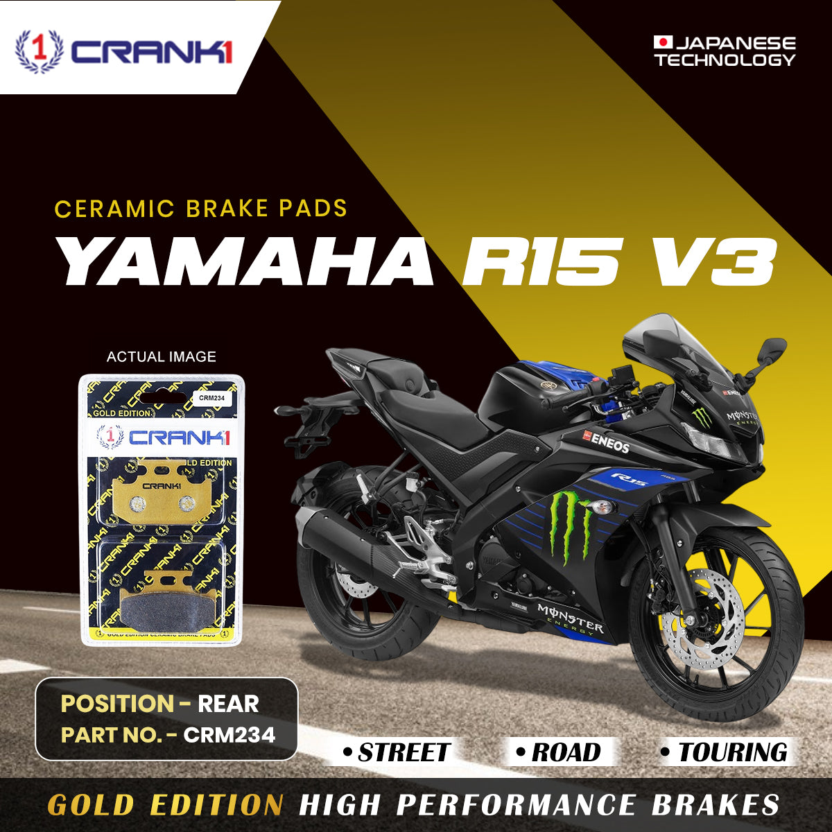 Ceramic Brake Pads For Yamaha R15 V3 - Rear - CRM234