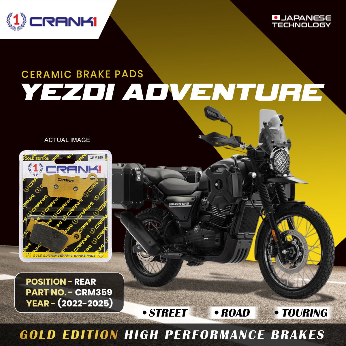 Ceramic Brake Pads For Yezdi Adventure (2022-2025) - Rear - CRM359 - 1 Set