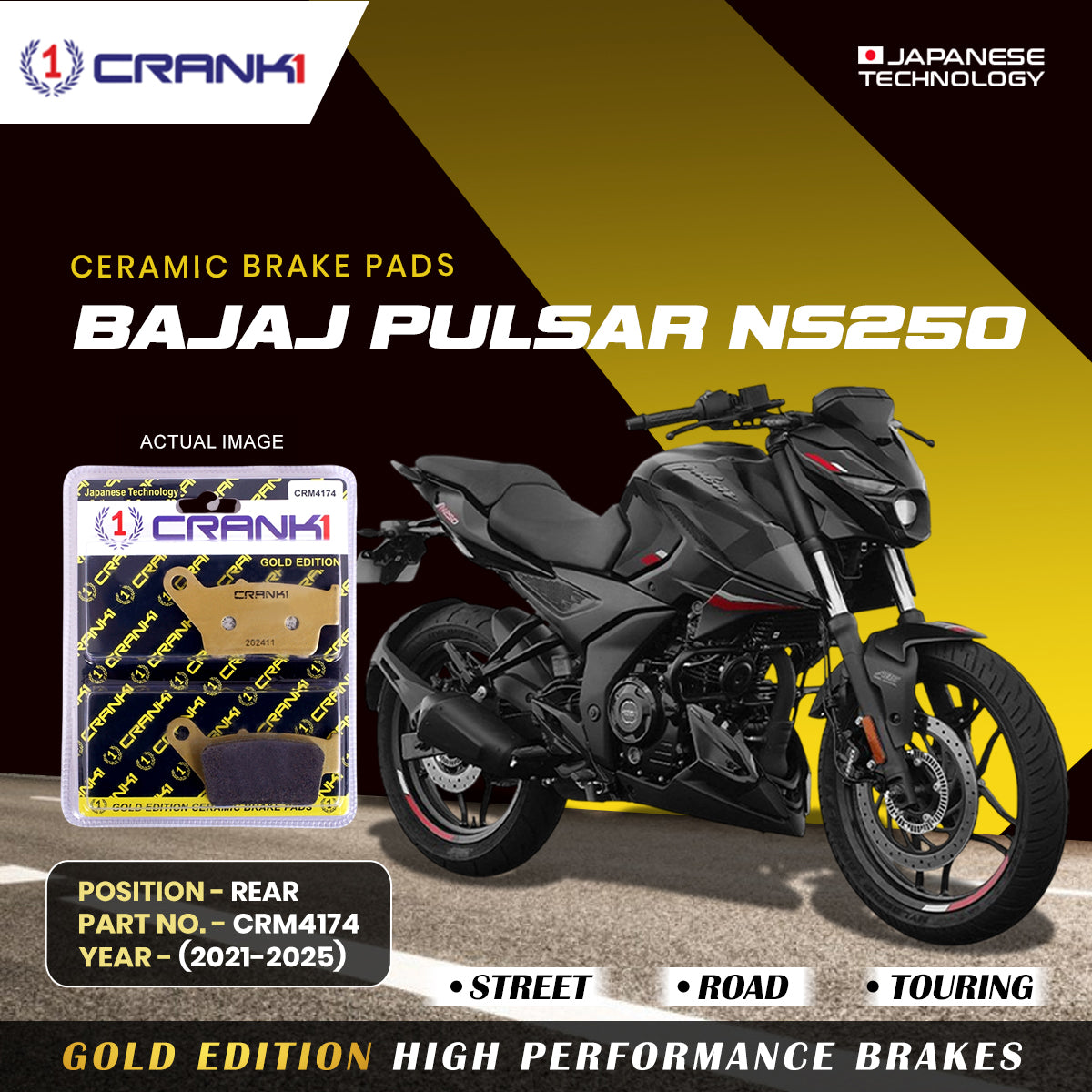 Ceramic Brake Pads For Bajaj Pulsar NS250 (2021-2025) - Rear - CRM4174